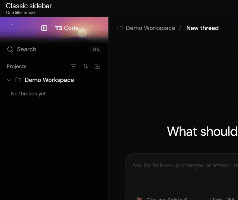 Animated demonstration of the same persistent T3 Code sidebar filters working across the classic and V2 sidebars